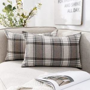 Brown Tartan Plaid Lumbar Pillow Cover 12x20 Set of 2 Farmhouse Buffalo Plaid... - Picture 1 of 7