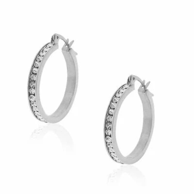 Pendientes de aro redondos de acero inoxidable tono plata blanco circonita cúbica transparente, 1,00" Foto 1 de 3