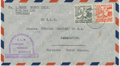 CURACAO 1938, rare superb First Flight of KLM "CURACAO - TRINIDAD - SURINAM" Cover