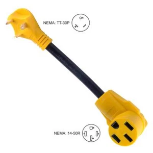 RV Adapter 30 Amp Male NEMA TT-30P to 50 Amp Female NEMA 14-50R 12" 10AWG/3 Cord - Picture 1 of 2