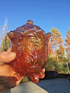 Vintage PAISLEY Amber Red Carnival Glass 4-Footed Covered Candy Dish ▬ 6/5 ❤️m17 - Picture 1 of 10
