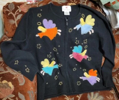  Quacker Factory Wool Christmas Needle Felted Angels Cardigan size XL sweater - Image 1 of 3