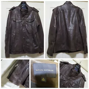 Banana Republic Jacket Mens XL Brown Leather Biker Military Bomber Lined 512431 - Picture 1 of 21