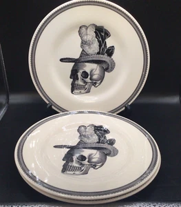 Victorian English Pottery Halloween Skull w/Plumed Hat Salad Dessert Plate Set 3 - Picture 1 of 13
