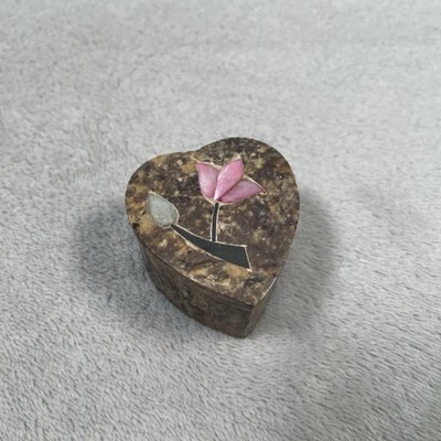 Hand Crafted Heart Shaped Trinket Box Stone Mother Of Pearl Flower Inlay - Image 1 of 4