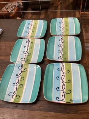 Juego de 6 platos de aperitivo Crate& Barrel Lago azul verde a rayas 6 3/4” X6 3/4” Foto 1 de 2