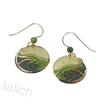Adajio Earrings Moss Green Oval with Shiny Gold Plated 'Waves' Overlay Unique - Image 1 of 4