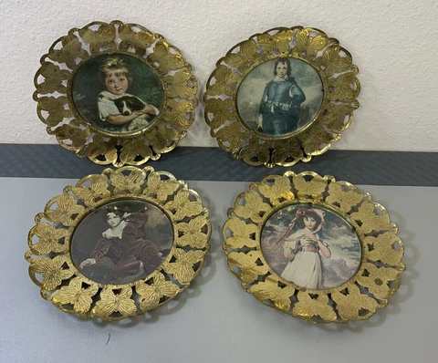 Vintage 4 peice set Brass Butterfly Round  Pictures Blue Boy And Pinky. 6 inches Cover
