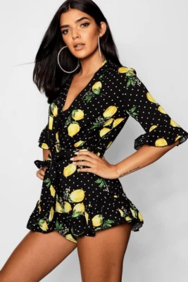 Boohoo LIMÓN LUNARES ABRIGO VOLANTES MAMELUCO TALLA 20 Foto 1 de 4