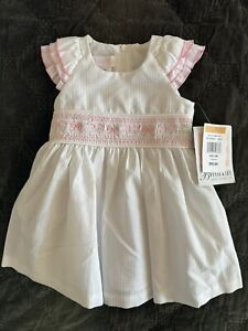 NWT Bonnie Baby 12M Girl Smocked White Dress w/embroider Pink Bows -Diaper Cover