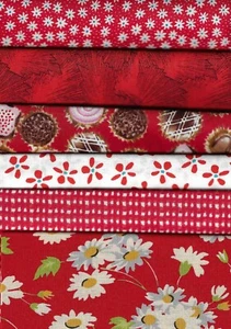 Fabric, Fat Quarter Set of 6, Red White Cream Brown Flowers Chocolate Candy - Picture 1 of 1