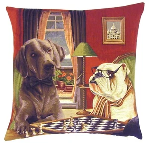 LABRADOR & BULLDOG PLAYING CHESS 18" BELGIAN TAPESTRY CUSHION COVER, ZIP 5462 - Picture 1 of 6