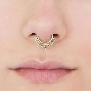 14K Yellow Gold Septum Ring with Clicker 16g Nose Hoop Piercing Gift for Women - Picture 1 of 6