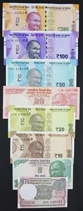 INDIA 8 PCS BANKNOTES SET (1+5+10+20+20+50+100+200 RUPEES), RANDOM YEAR, UNC - Picture 1 of 2