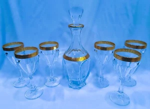 Tschechische Böhmen Kristallglas - Weinset verziert Gold und Tagebuch 6+1 - Bild 1 von 7