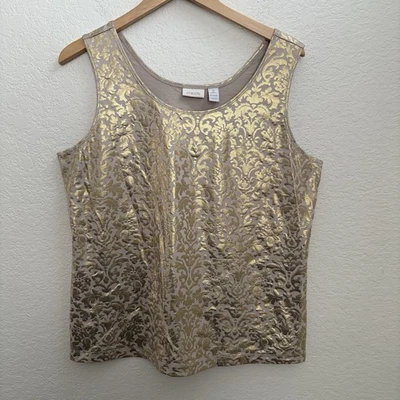 Chicos Tank Mujer Talla 2 Grande Beige Lámina Dorada Floral Ropa de Trabajo Vacaciones Foto 1 de 4
