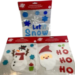 Christmas House Window Clings Decorations Set Of 3 Santa Snowman Snowflakes - Picture 1 of 4