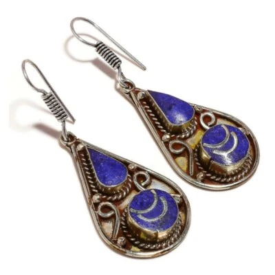 Inlaid Lapis Lazuli Gemstone Handmade Rope Bezel Copper Finished Tibetan Earring - Image 1 of 3