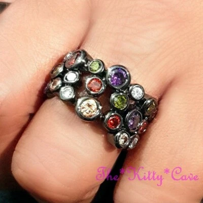 CZ Crystal Zirconia Multi Coloured Rainbow Retro Ossie Bubble Band Cocktail Ring - Image 1 of 4