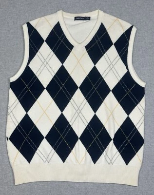 Chaleco Suéter Vintage Para Hombre XL Blanco Azul Argyle Granpda Preppy Retro Golf Años 90 Y2K Foto 1 de 4