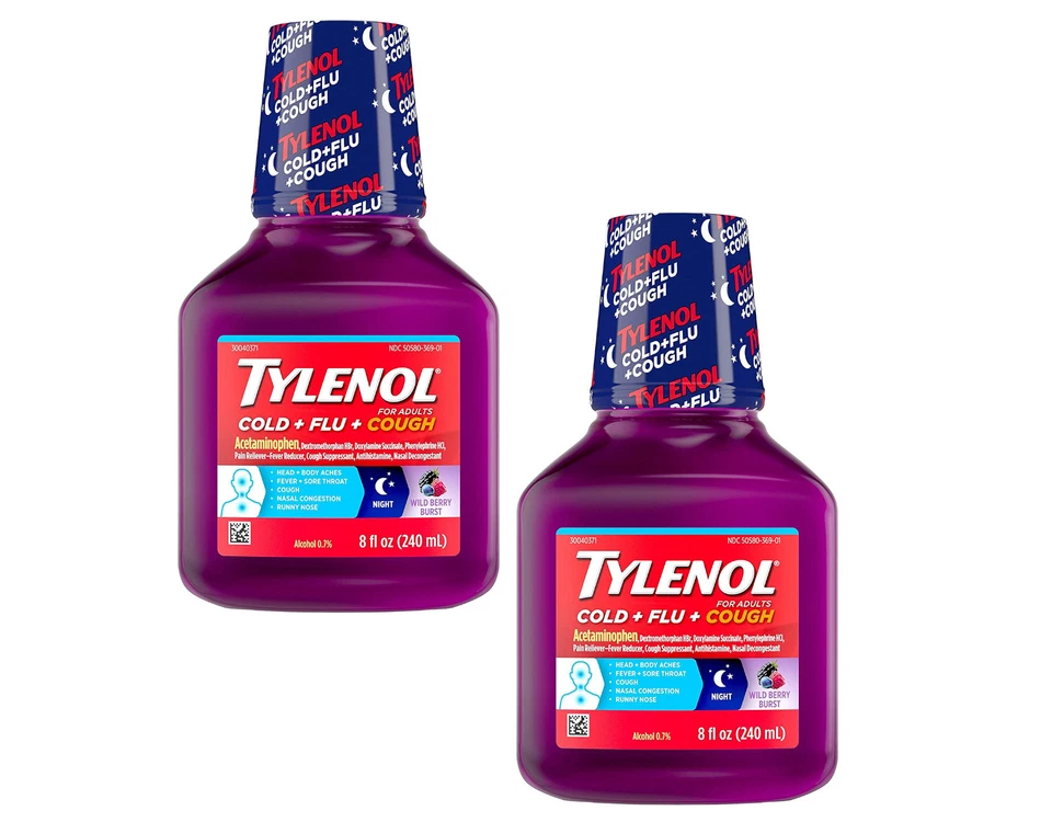 Tylenol Cold Flu Cough Night Liquid Acetaminophen Wild Berry 8 Oz