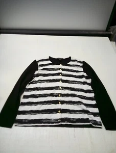 AUGUST SILK Heritage Women's Long Sleeve Black White Stripe Button Up Cardigan - Picture 1 of 5