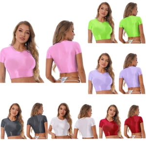 Women's Crop Top Smooth Short Sleeve Solid Color Round Neck Slim Fit T-shirt - Picture 1 of 169