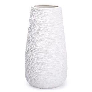 12 Inch Modern White Ceramic Vase, Oval-Shaped, Textured Flower Vase with Design - Picture 1 of 7
