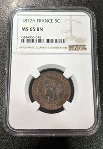 1872 A MS65 BN France 5 Centimes UNC NGC KM 821.1 Scarce Grade! - Picture 1 of 4