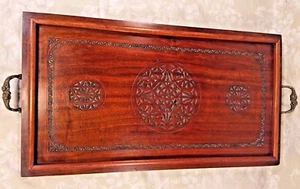 Vtg Wood Mahogany Serving Tray w/ Pressed Star Design Metal Handles Felt Bott - Picture 1 of 10