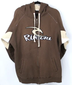 RIP CURL ZIP VTG 90'S HOODIE STASH POCKET TWO TONE BROWN TAN WHITE SWEATSHIRT XL - Picture 1 of 7