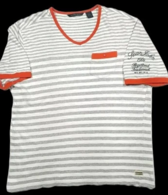 VTG Y2K Sean John Pocket T Shirt Mens L Gray White Ringer Tee Striped V Neck - Image 1 of 4