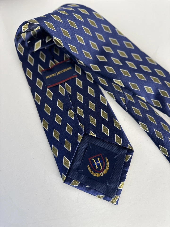 HENRY JACOBSON Silk Tie Necktie Designer Geometric Blue/Gold EUC - Image 1 of 3