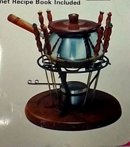 Fondue Set Vintage Stainless Steel Pot, Keyaki Wood Base, Handle, Cover Gailstyn - Picture 1 of 6