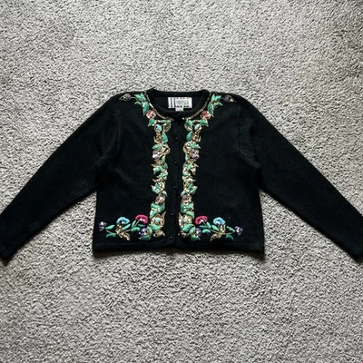 Cárdigan Suéter Forenza Vintage Años 80 Negro Angora Seda Bordado Noche Glamour Foto 1 de 4