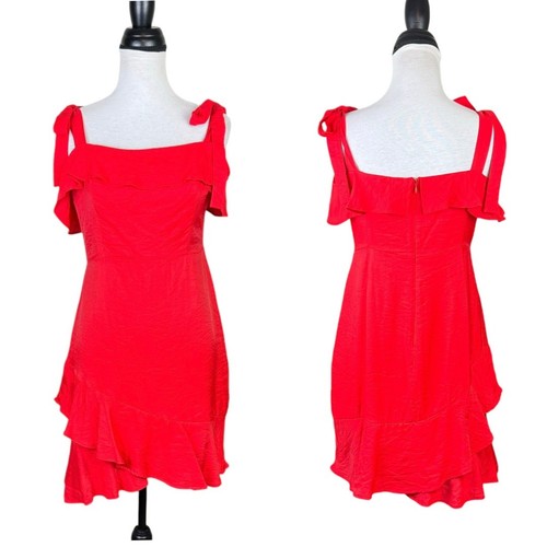 VALENTINO Mini abito Endless Rose L rosso brillante testurizzato raso cravatta manica orlo arricciato