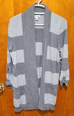 St Johns Bay Cardigan Sweater Size XL Open Front Gray Stripe Womens 100% Cotton - Image 1 of 4