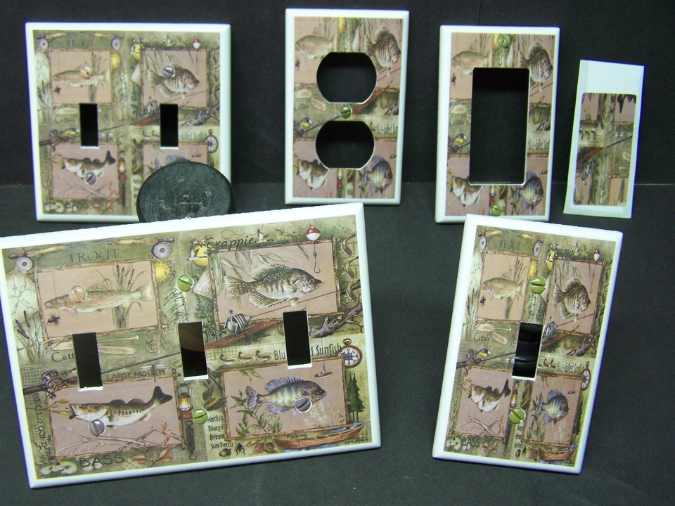 INTERRUPTOR DE LUZ TROUT BASS BLUE GILL CRAPPIE FISH COBRE PLACA E TOMADAS  - Imagem 1 de 1