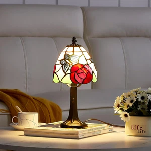 Stained Glass Butterfly Rose Design Table Light - Tiffany Style Mosaic Desk Lamp - Picture 1 of 6