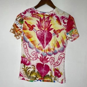 Desigual Tattoo Tee Graphic Heart Print Ribbed Stretch Top S NEW - Picture 1 of 5