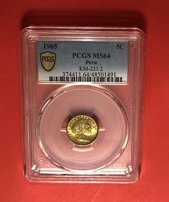 Moneda de 5 centavos 1965-PERÚ-sin circular, clasificada por PCGS MS64. Foto 1 de 4