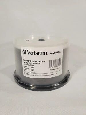 Inkjet Printable DVD+R Discs, 4.7GB, 8x, Spindle, White, 50/Pack (VER94812) Hub - Image 1 of 4