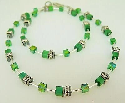 Würfelkette Halskette Collier Cat Eye Kristallglas grün dunkelgrün Strass 502s - Bild 1 von 4