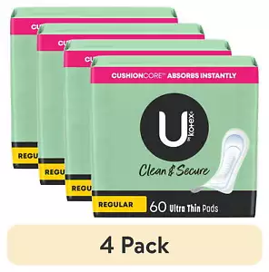(4 pack) U by Kotex Clean & Secure Ultra Thin Pads, Regular Absorbency, 60 Count - Picture 1 of 12