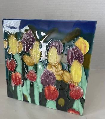 Tropical Cactus Flower Trivet Ceramic Art Tile 8x8” Freestanding Decorative - Image 1 of 4