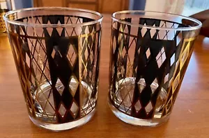 Lot (2) Georges Briard Black Gold Diamond Low Ball Barware Glasses - Picture 1 of 4