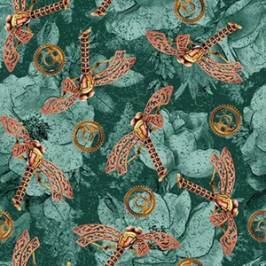 STEAMPUNK ~ TIME TRAVEL ~ Metal Dragonflies Dragonfly Gears on Floral Teal Bkgnd - Picture 1 of 2