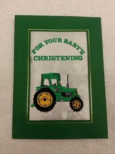 PERSONALISED EMBROIDER CARD ANY MESSAGE GREEN TRACTOR BIRTHDAY CHRISTENING - Picture 1 of 1