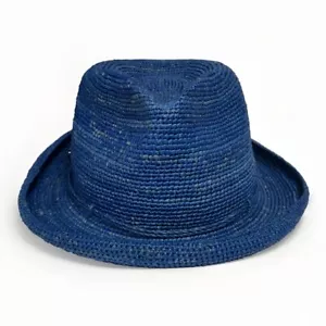Helen Kaminski Eponu Cobalt Blue Pencil Roll Brim Rafia Straw Fedora Hat NWT L - Picture 1 of 8