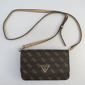 Guess Crossbody Wallet Bag Womens Brown Logo Print Removable Strap Gold Hardware - Picture 1 of 9